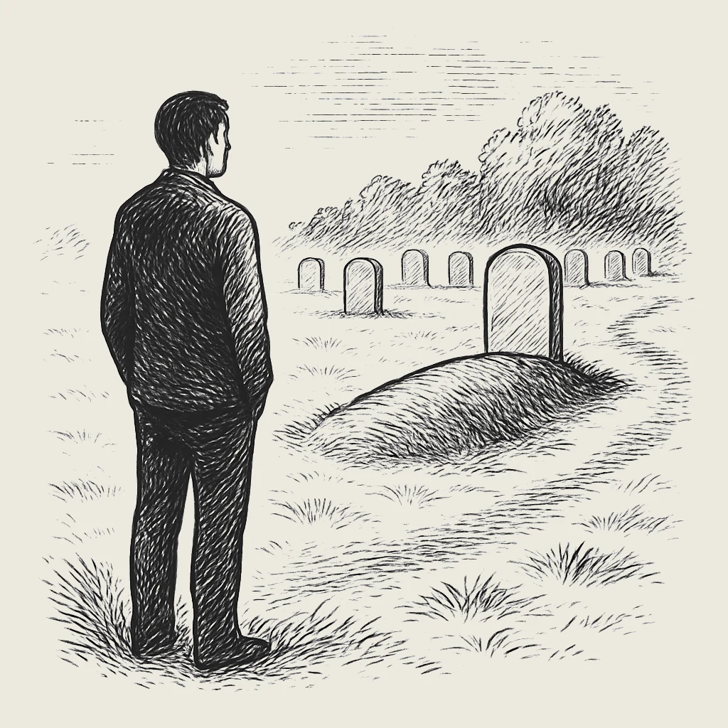 A man standing by a grave in a cemetery — symbolizing the search for a person's burial place